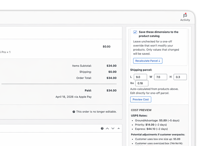 Dimension verification inline editor on an order screen