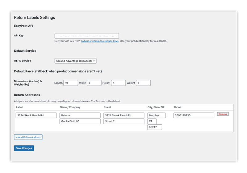 Multiple return addresses configured in settings