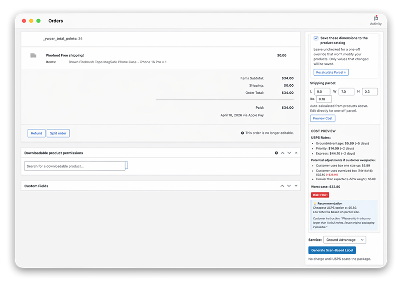 Gorilla Return Labels cost preview panel in WooCommerce
