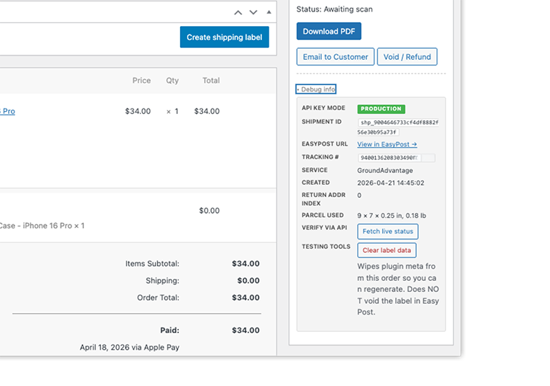 Debug panel showing live shipment verification