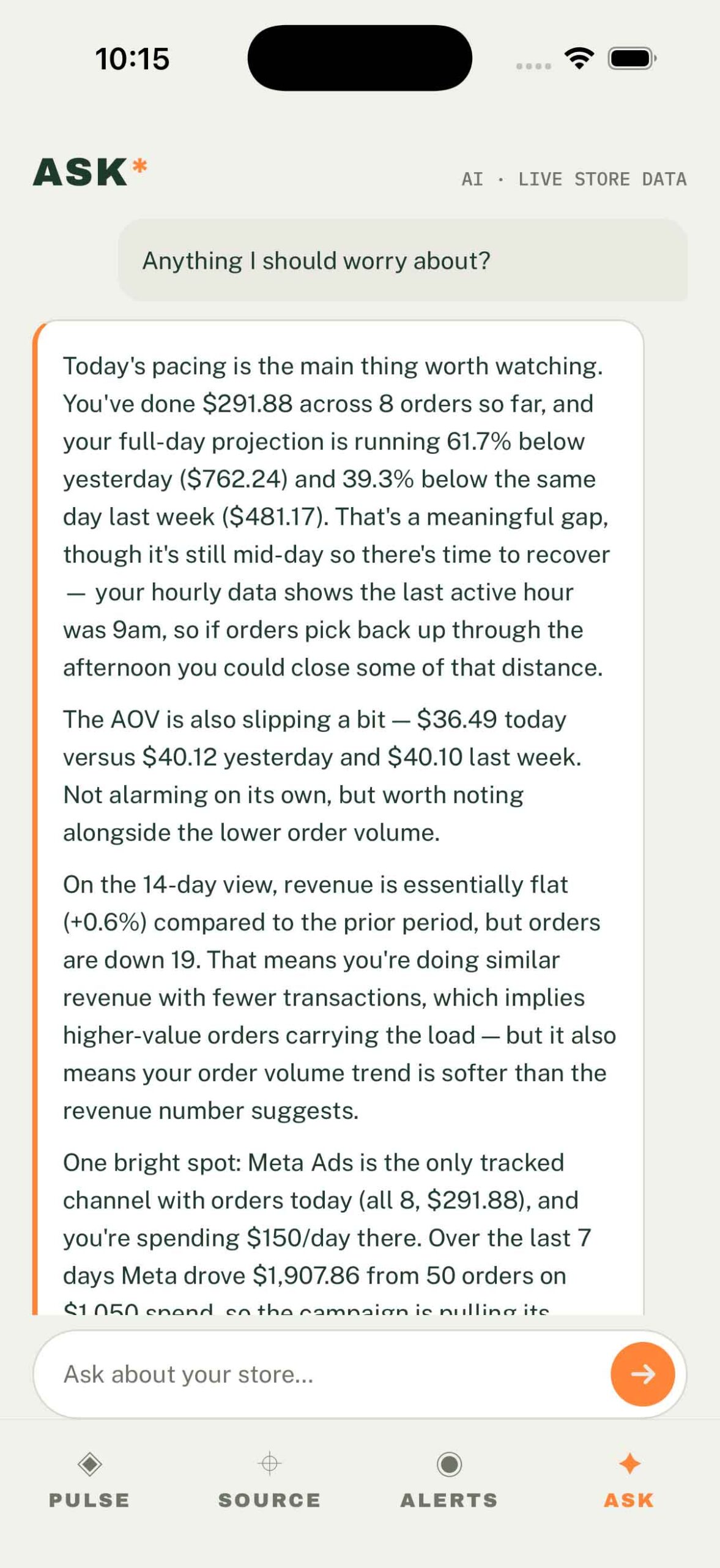 Gorilla Pulse app Ask AI screen answering a question about store data