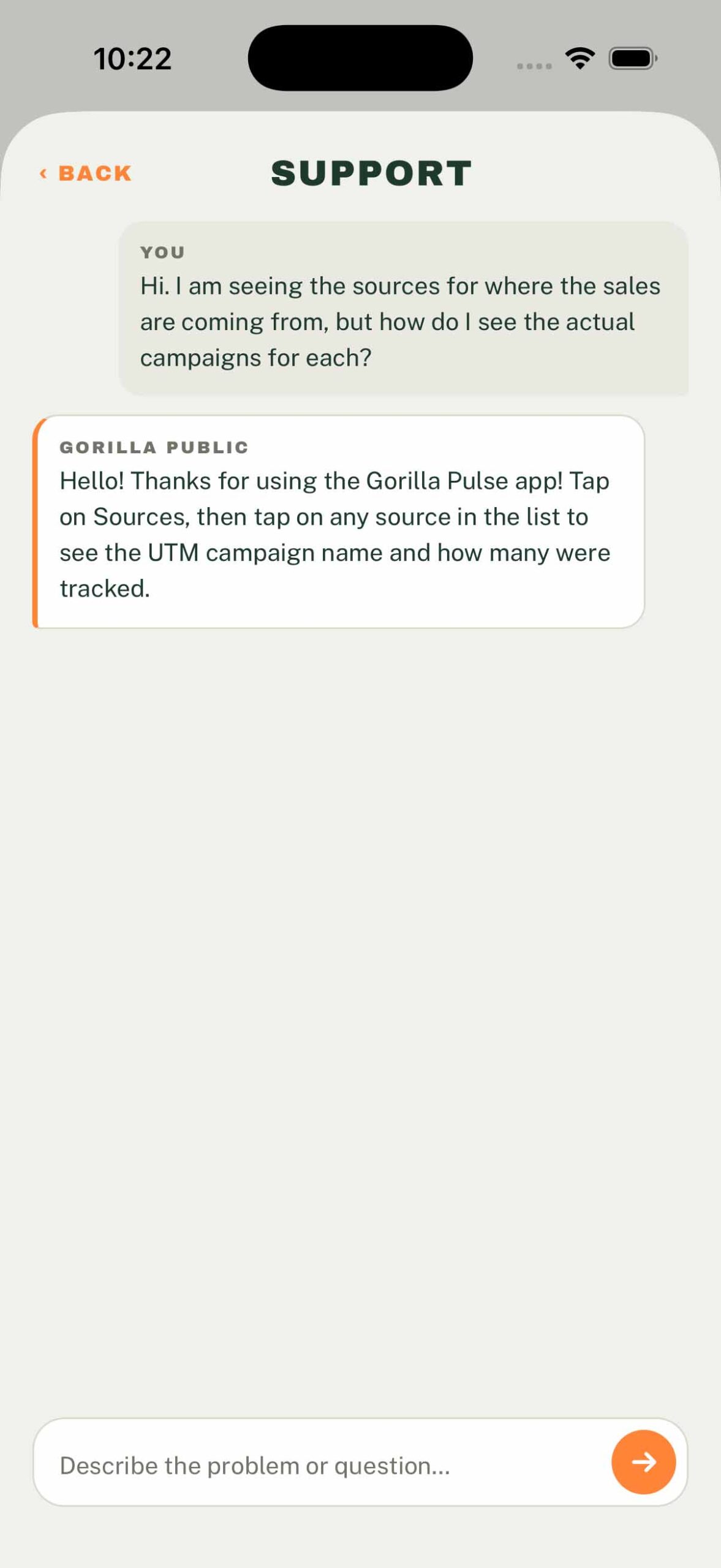 Gorilla Pulse app Support screen